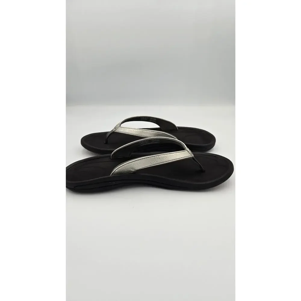 Olukai Kulapa Kai Womens Thong Sandals Flip Flops Black Silver Metallic Size 11